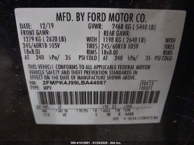 2FMPK4J99LBA44087 Ford EDGE SEL
