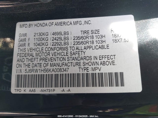5J6RW1H56KA008347 Honda CR-V EX
