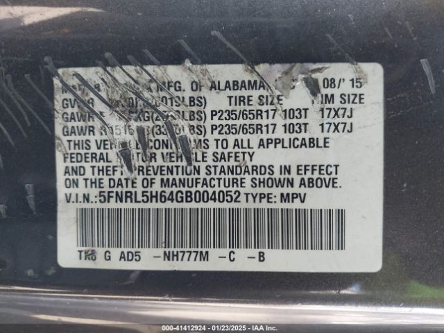 5FNRL5H64GB004052 Honda Odyssey Ex-l