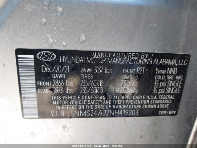 5NMS24AJ2NH419203 Hyundai Santa Fe Sel