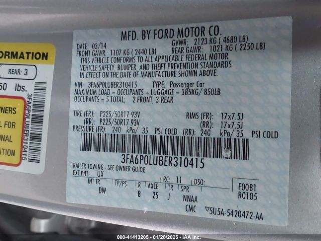 3FA6P0LU8ER310415 Ford Fusion Hybrid Se