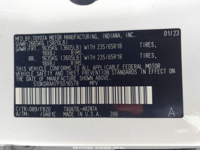 5TDKDRAH7PS016578 Toyota Highlander Le