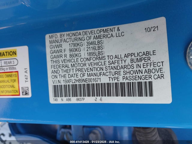 19XFL2H89NE001671 Honda Civic Sport