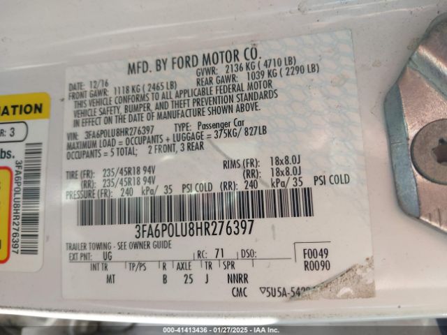 3FA6P0LU8HR276397 Ford Fusion Hybrid Se
