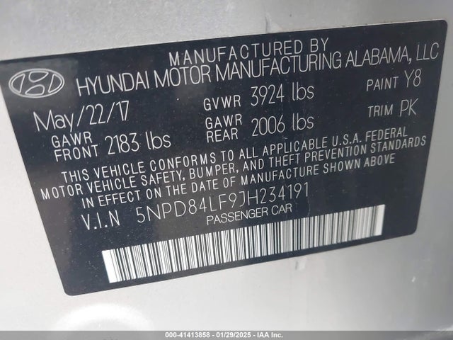 5NPD84LF9JH234191 Hyundai ELANTRA SEL