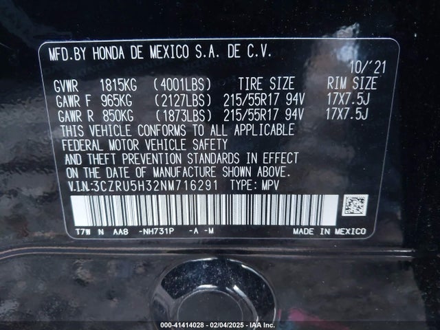 3CZRU5H32NM716291 Honda Hr-v 2wd Lx