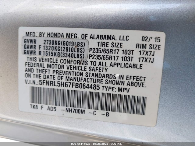 5FNRL5H67FB064485 Honda Odyssey Ex-l