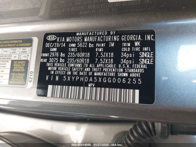 5XYPHDA5XGG006255 KIA Sorento 3.3l Ex