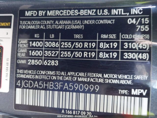 4JGDA5HB3FA590999 Mercedes-Benz Ml 350 4matic