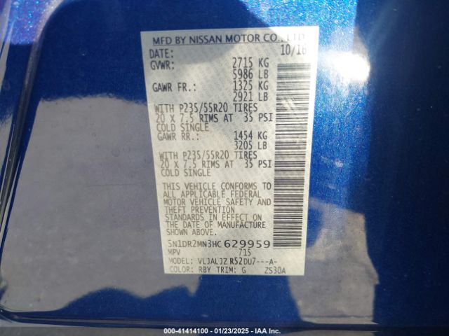 5N1DR2MN3HC629959 Nissan Pathfinder Platinum