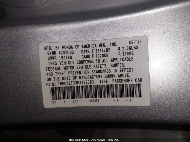 Honda ACCORD LX 2015 1HGCR2F33FA187383 Image 9