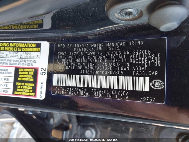 4T1B11HK1KU807605 Toyota CAMRY SE