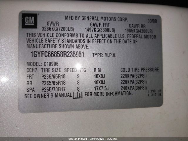 2008 CADILLAC ESCALADE ESV 1GYFC66858R235951 Photo 8