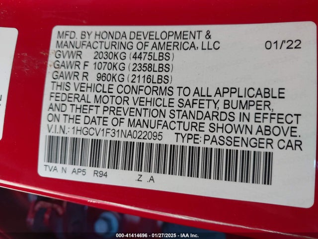 1HGCV1F31NA022095 Honda l15be