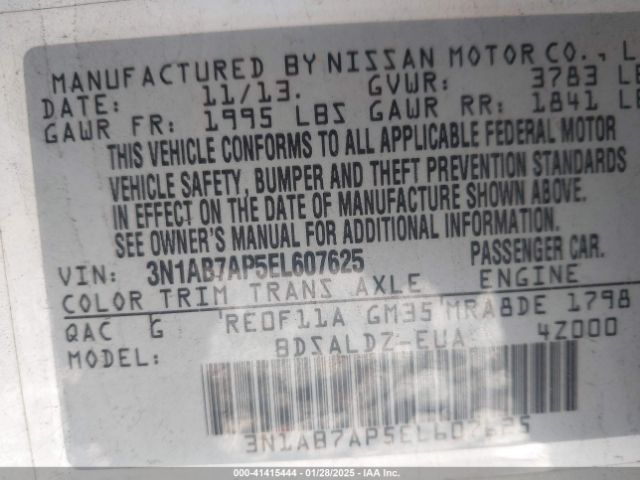 3N1AB7AP5EL607625 Nissan Sentra Fe+ S/fe+ Sv/s/sl/sr/sv