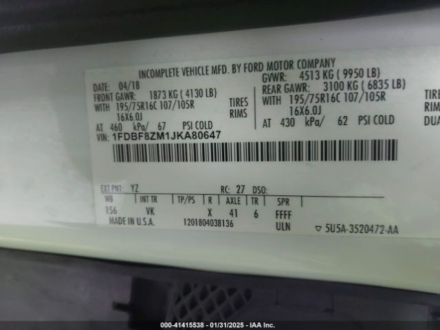 1FDBF8ZM1JKA80647 Ford Transit-350 Cab