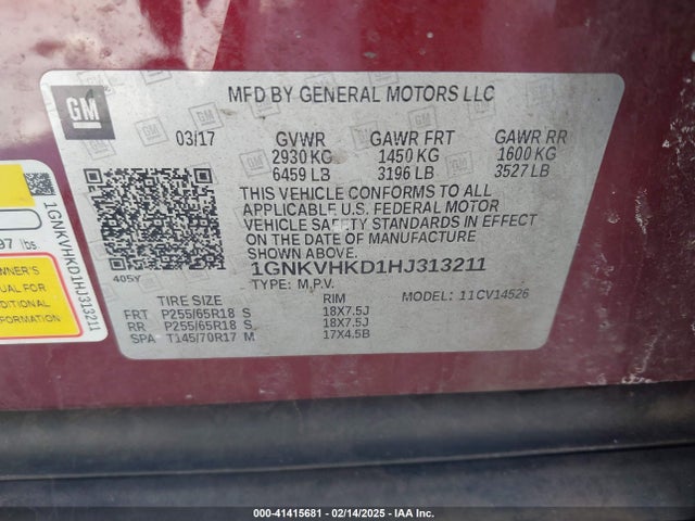 1GNKVHKD1HJ313211 Chevrolet Traverse 2lt