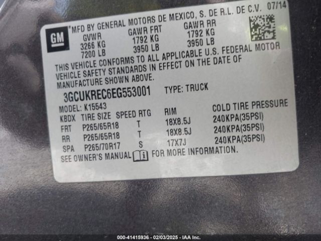3GCUKREC6EG553001 Chevrolet Silverado 1500 Lt