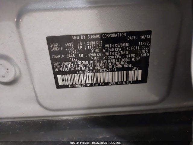 Subaru Outback 2.5i Limited 2019 4S4BSAJC1K3246134 Image 9