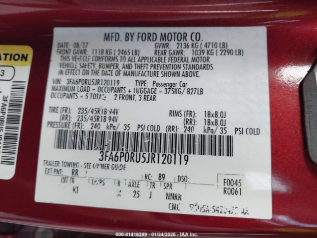 3FA6P0RU5JR120119 Ford Fusion Hybrid Titanium