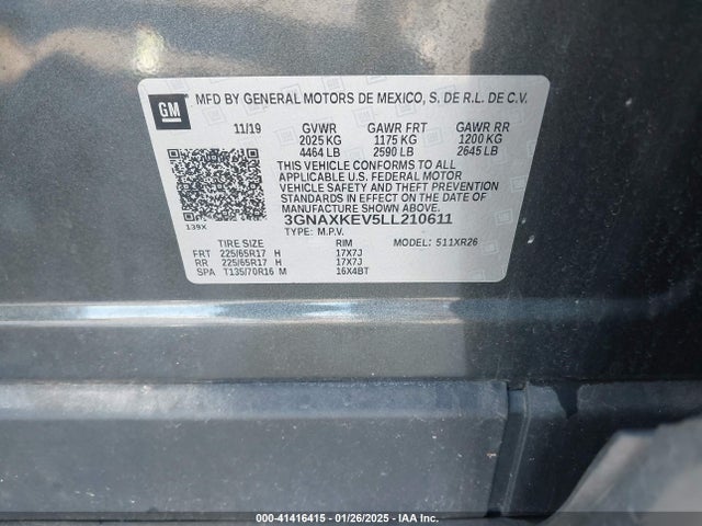 3GNAXKEV5LL210611 Chevrolet lyx - direct injection, vvt, fgt, turbo, alum, gen1