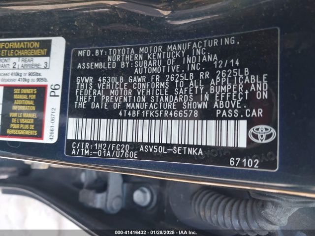 4T4BF1FK5FR466578 Toyota CAMRY LE