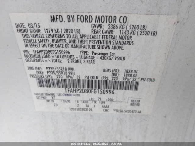 1FAHP2D80FG150996 Ford TAURUS SE