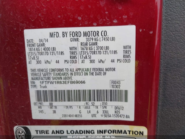 Ford F-150 Svt Raptor 2014 1FTFW1R63EFB69066 Image 9