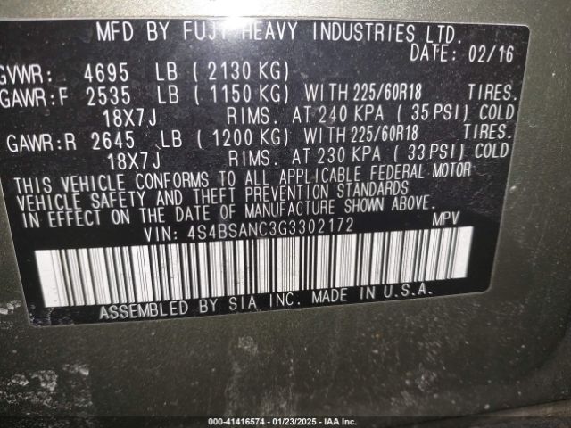 4S4BSANC3G3302172 Subaru Outback 2.5i Limited