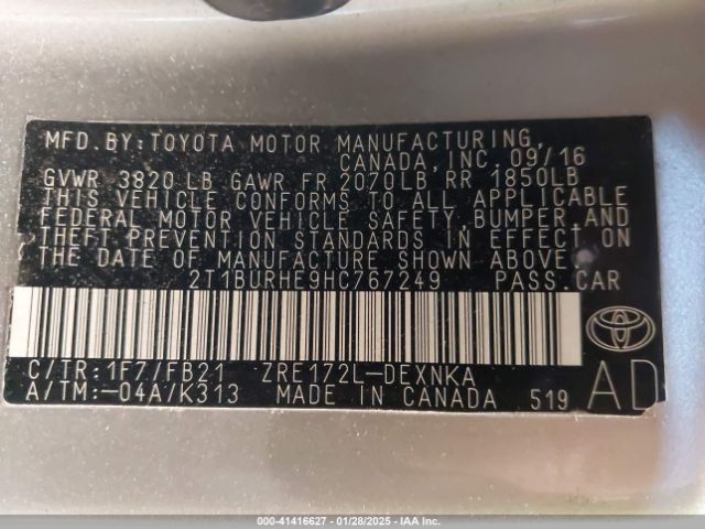 2T1BURHE9HC767249 Toyota COROLLA LE