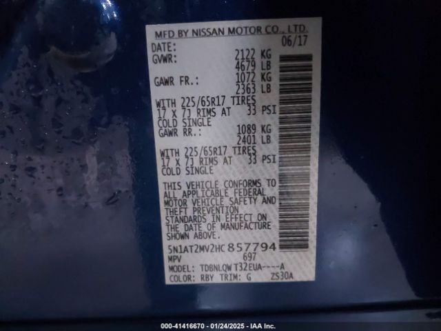 5N1AT2MV2HC857794 Nissan ROGUE SV