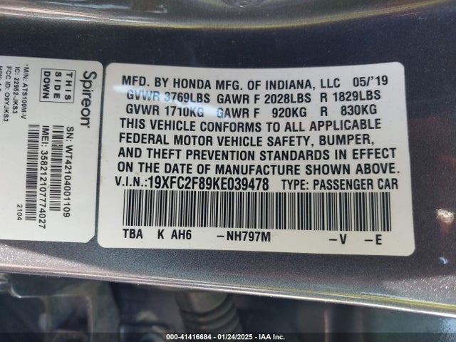 Honda Civic Sport 2019 19XFC2F89KE039478 Image 9