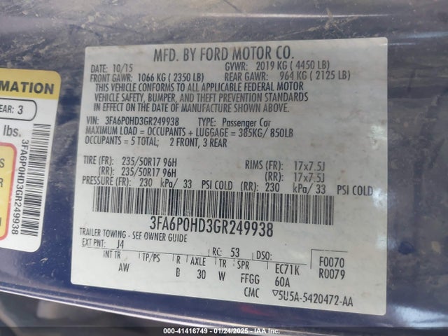 Ford FUSION SE 2016 3FA6P0HD3GR249938 Image 9