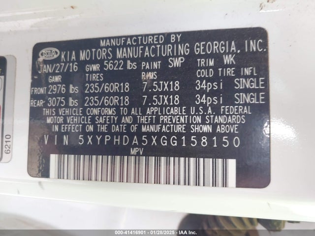 5XYPHDA5XGG158150 KIA Sorento 3.3l Ex