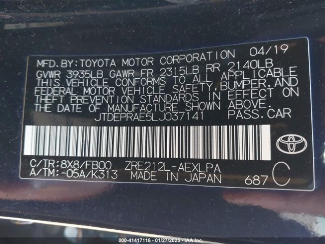 JTDEPRAE5LJ037141 Toyota COROLLA LE