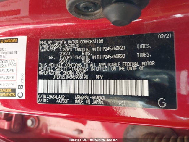 JTEKU5JR6M5908190 Toyota 4runner Limited