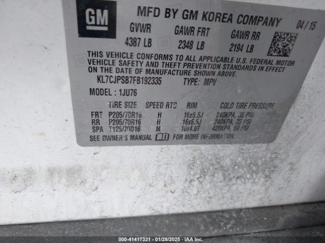 KL7CJPSB7FB192335 Chevrolet Trax 1ls