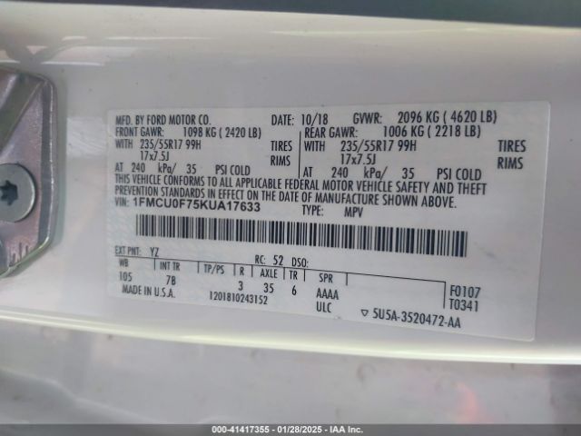 1FMCU0F75KUA17633 Ford Escape