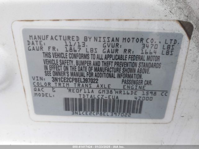 3N1CE2CP8EL397022 Nissan Versa Note S Plus