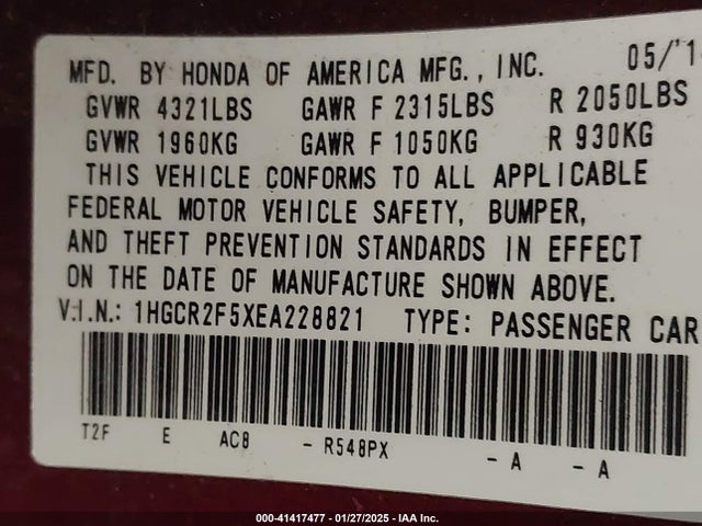 1HGCR2F5XEA228821 Honda Accord Sport
