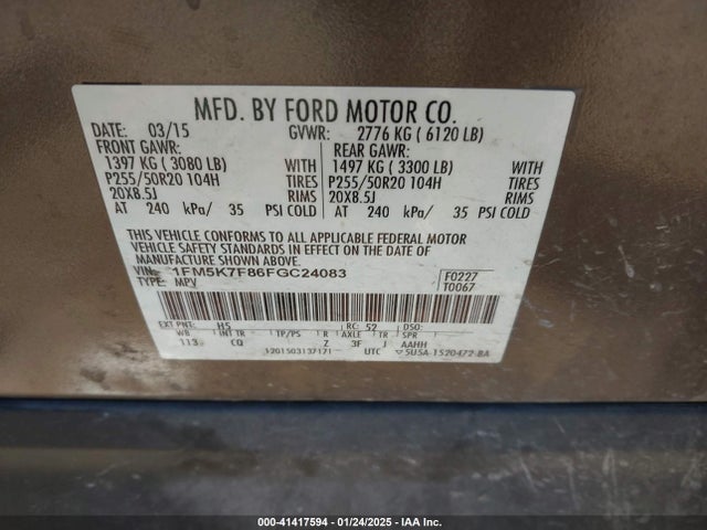Ford Explorer Limited 2015 1FM5K7F86FGC24083 Image 9