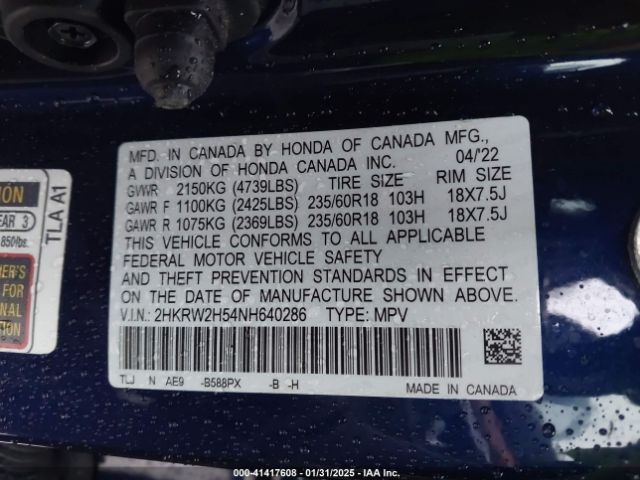 2HKRW2H54NH640286 Honda Cr-v Awd Ex