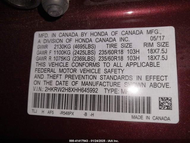 2HKRW2H8XHH645992 Honda Cr-v Ex-l/ex-l Navi
