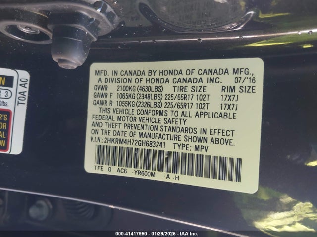 2HKRM4H72GH683241 Honda Cr-v Ex-l
