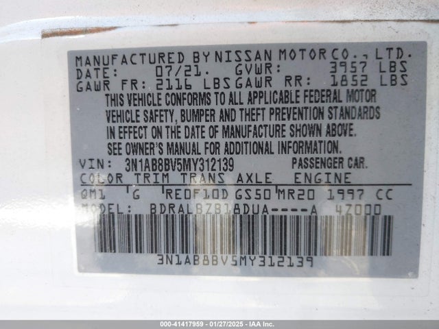 3N1AB8BV5MY312139 Nissan Sentra S Xtronic Cvt