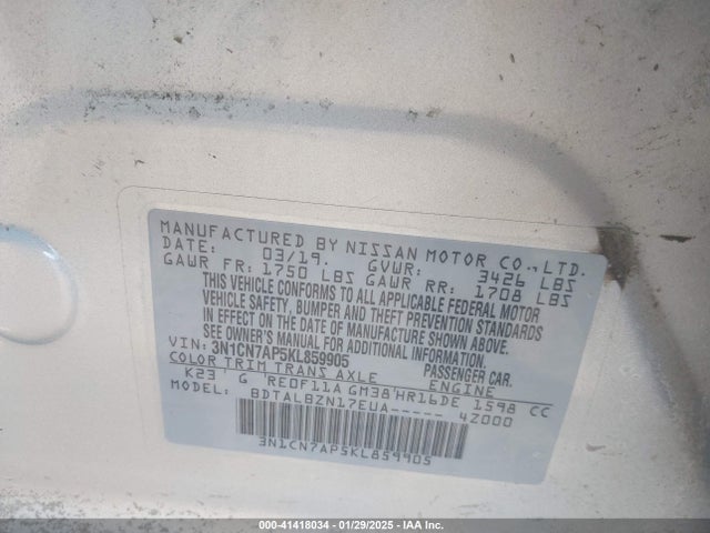 Nissan Versa 1.6 Sv 2019 3N1CN7AP5KL859905 Image 9