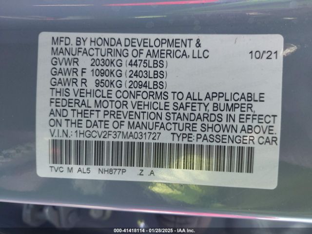 1HGCV2F37MA031727 Honda Accord Sport 2.0t