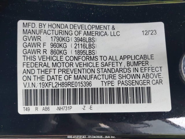 19XFL2H89RE015396 Honda Civic Sport