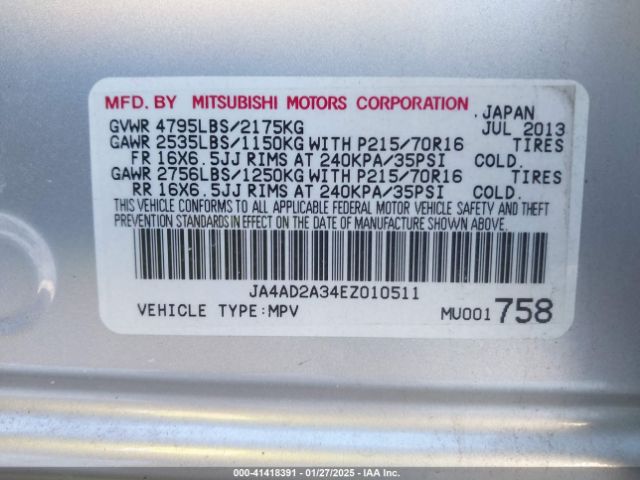 JA4AD2A34EZ010511 Mitsubishi Outlander Es