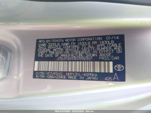 JTDJTUD33ED592307 Toyota Yaris Le (tmc/cbu Plant)